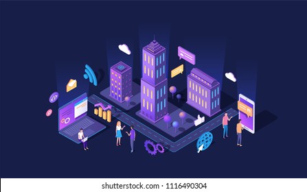 Color vector isometric web technology city and people