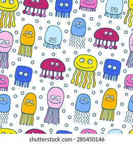 Color vector jellyfish cute pattern on white background, seamless. Hand drawn medusa and bubble pattern. Bright yellow, orange, pink, blue and green colors.