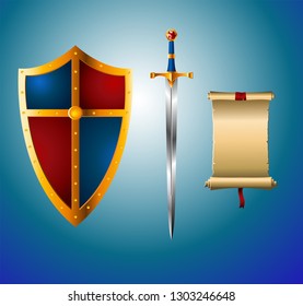 color vector of knightly sword and shield and parchment