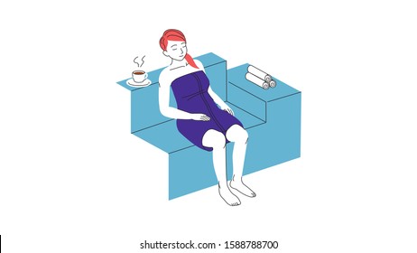 color vector line illustration of people spa relaxing time in sauna with coffee or tea