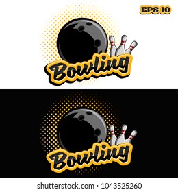 color vector logo bowling with the image of the ball and pins on the black and white background