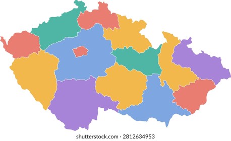 Color vector map of Czech Republic with differently colored administrative divisions, white borders, and a transparent background.