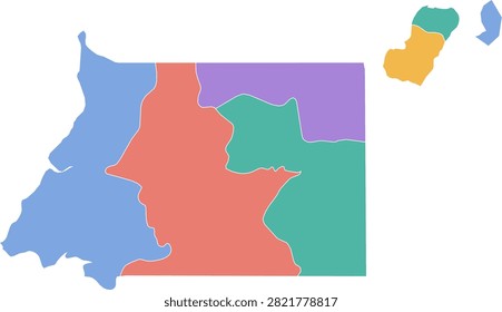 Color vector map of Equatorial Guinea with differently colored administrative divisions, white borders, and a transparent background.