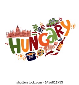 Color Vector map of Hungary in the center with the inscription Hungary with symbols on a white background for icons logos and travel guides. Cute cartoon vector illustration.