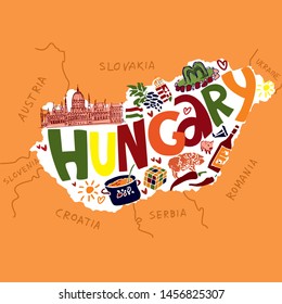 Color Vector map of Hungary in the center with the inscription Hungary with symbols on a yellow background for icons logos and travel guides. Cute cartoon vector illustration.