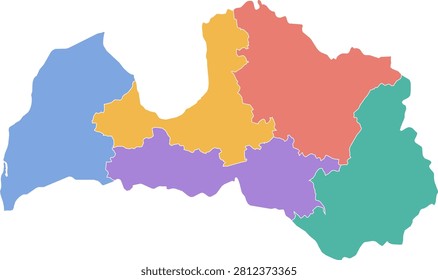 Color vector map of Latvia with differently colored administrative divisions, white borders, and a transparent background.