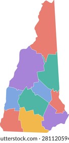 Color vector map of New Hampshire with county borders, white borders, and a transparent background.