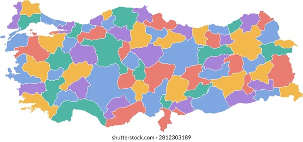 Color vector map of Turkey with differently colored administrative divisions, white borders, and a transparent background.