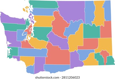 Color vector map of Washington with county borders, white borders, and a transparent background.