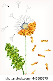 Color vector mosaic dandelion. Blooming dandelion flower made of colorful polygonal shapes isolated on white background.