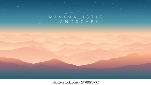 Color vector mountains with fog. Minimalistic vector landscape for your design. Magical hill silhouette background. 