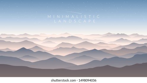 Color vector mountains with fog. Minimalistic vector landscape for your design. Magical hill silhouette background. 