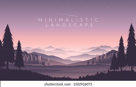 Color vector mountains with fog. Minimalistic vector landscape for your design. Magical hill silhouette background.