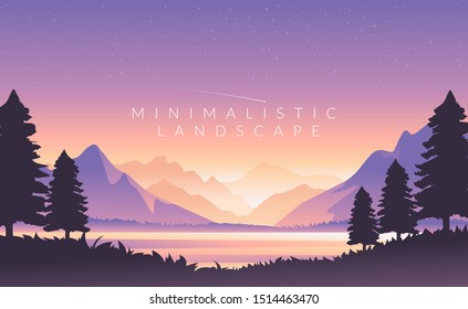 Color vector mountains with fog. Minimalistic vector landscape for your design. Magical hill silhouette background.