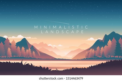 Color vector mountains with fog. Minimalistic vector landscape for your design. Magical hill silhouette background.