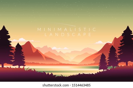 Color vector mountains with fog. Minimalistic vector landscape for your design. Magical hill silhouette background.