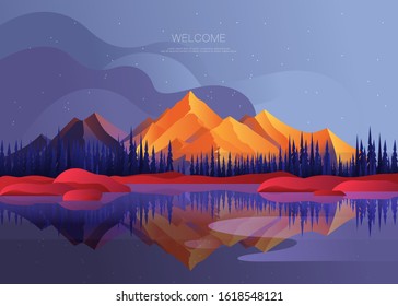 Color vector mountains with fog. Minimalistic vector night landscape for web, poster, wallpapers. Magical hill silhouette background.

