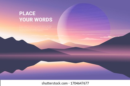 Color vector mountains with fog. Minimalistic vector landscape with a big planet for your design. Magical hill silhouette background.