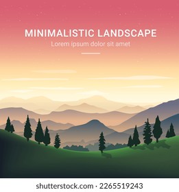 Color vector mountains with fog. Minimalistic vector landscape for your design. Magical hill silhouette background.