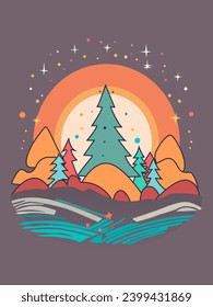 color vector New Year illustration with an image of a forest and a Christmas tree in a festive style for the design of prints, cards and interiors in the New Year style
