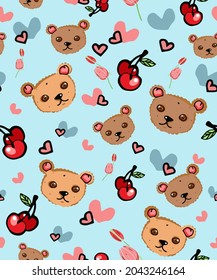 Color vector pattern. Bears and cherries on a pastel background. Suitable for textiles, wrapping paper, children's wallpaper, fabric.