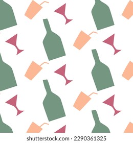 Color vector pattern of bottle, cocktail and glass. White background. Bar, cafe, restaurant, alcohol, summer, beach. Wrapping paper, fabric, tablecloth, wallpaper. Узы10