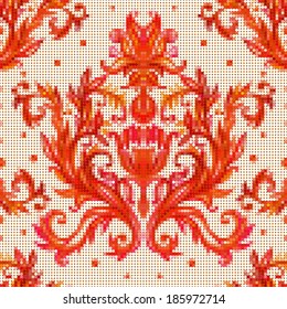 Color vector pattern with traditional embroidery elements. Baroque vintage floral background. 