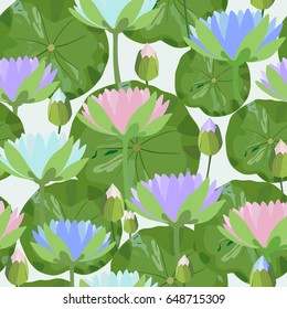 Color vector pattern with water lily flowers and green leaves on a light background.