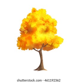 Color Vector Photo Realistic Illustration Of Big Gold Autumn Tree Isolated On White