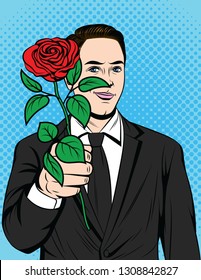 Color vector pop art comic style illustration of a man with a rose in his hand. Poster for Valentine's Day. A man in love holding a red rose in his hand. Handsome man in a suit holds out a flower