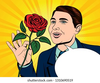Color vector pop art comic style illustration of a man holding a rose in his hand. Card for Valentine's Day. A fall in love man with a red rose in his hand. Poster for International Women's day