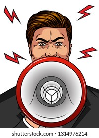 Color vector pop art comic style illustration of an angry man with a loudspeaker in his hand. An aggressive man shouts in a megaphone. Man upset. A man in a rage speaks loudly