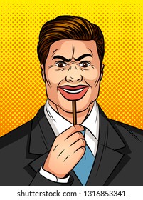 Color vector pop art comic style illustration of a man with a fake smile. A man hides his emotions under the mask. Angry man with a lying smile. Liar hiding real facial expression