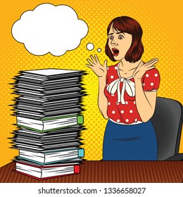 Color vector pop art comic style illustration of a girl in the office. The girl at the desk. Busy woman doing office work. Worker with a lot of documents on the table. Women's stressful face