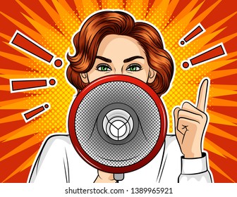 Color vector pop art comic style illustration of a girl with a loudspeaker. Promotional poster with exclamation marks and emotional female face. Fight and protest women. 