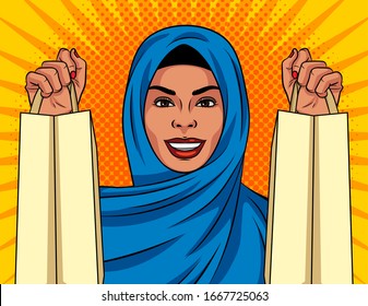 Color vector in pop art comic style girl with shopping bags. A Muslim woman in a traditional Islamic shawl on her head is shopping. Woman happy with her purchases