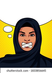 Color vector in pop art comic style with sealed mouth. Beautiful woman in traditional Islamic shawl on her head. Muslim woman cannot speak