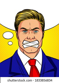 Color vector pop art comic style man with a sealed mouth. An attractive man in a suit cannot speak.