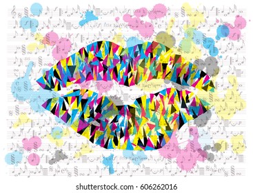 color vector pop art lips in print colors isolated on music notes sheet of paper with ink blots