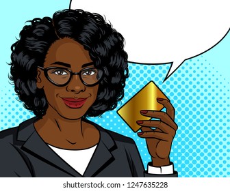 Color vector pop art style illustration. African American business woman holding a gold card in her hand. Lady in an office suit with a credit card in hand. Advertising poster woman with a bank card 