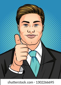 Color vector pop art style illustration of a man showing a like sign. Young attractive businessman holds thumb up. Man in business suit shows sign of approval