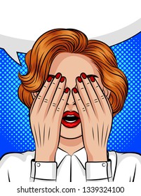 Color vector pop art style illustration of a girl with an open mouth covering her face with her hands. Emotions of fear, anger, pain, frustration. The girl's eyes closed in anticipation of a surprise.