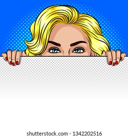 Color vector pop art style illustration of a girl peeking from behind a white sheet. A woman is hiding behind a white board. A beautiful girl is holding a poster with empty space for text.