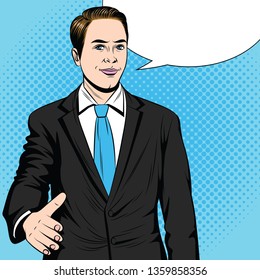 Color vector pop art style illustration of a man stretching his hand for a handshake. Businessman holds out his hand in agreement. An employee makes a deal. Friendly male handshake.