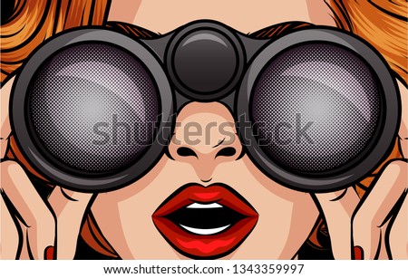 Color vector pop art style illustration of a girl looking through binoculars. Female surprised face close up. A woman is holding binoculars in her hands. Design for discounts, sales for women. 