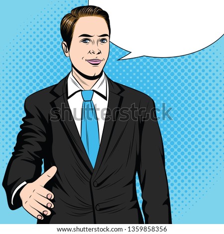 Color vector pop art style illustration of a man stretching his hand for a handshake. Businessman holds out his hand in agreement. An employee makes a deal. Friendly male handshake.