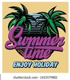 Color vector poster template for summer time party with calligraphic  lettering and palm trees.