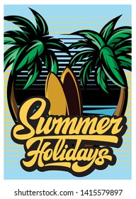 Color vector poster template for summer party with calligraphic lettering and palm trees.