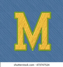 Color Vector Realistic Embroidery Patch Alphabet. Editable Colors. Letter M