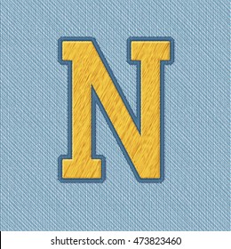 Color Vector Realistic Embroidery Patch Alphabet. Editable Colors. Letter N